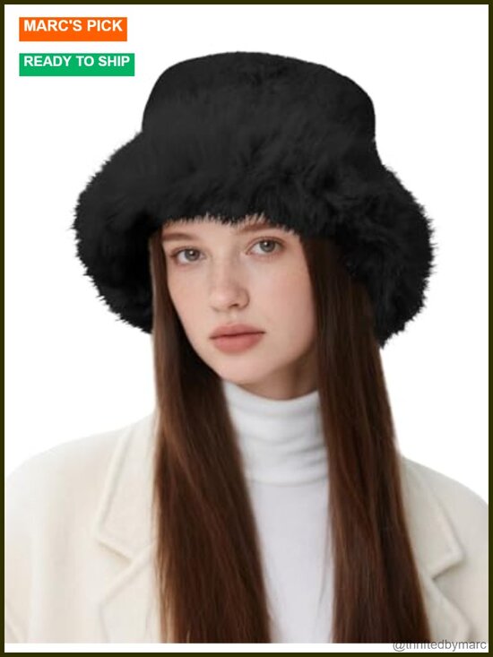 Faux Fur Bucket Hat for Women Winter Wide Brim Fluffy Warm Snow Cap main image 6